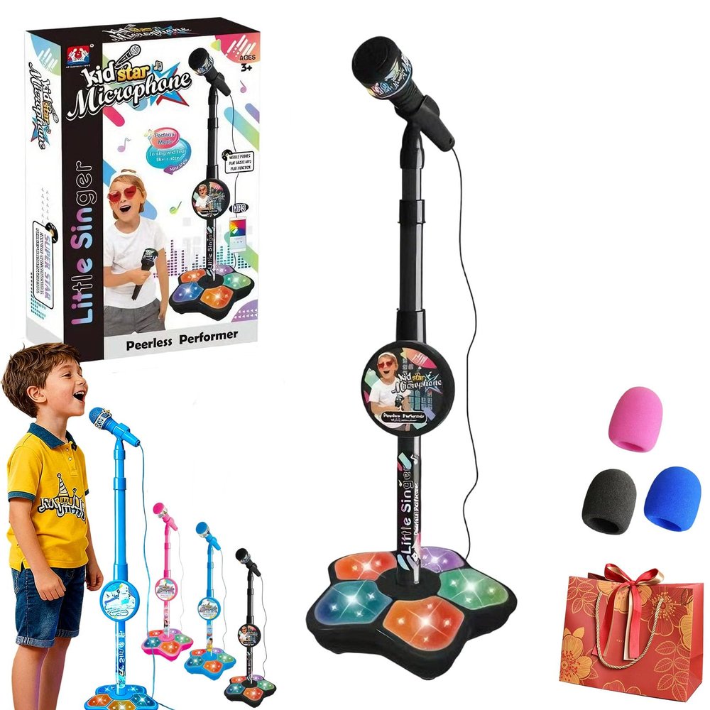 The All-in-One Microphone Toy, Bluetooth Karaoke Machine with Adjustable Stand, Echo Effects, Portable Karaoke Machine for Singing, Music Play, 5 Lights, Perfect for Little Singers (Black,Upgraded)