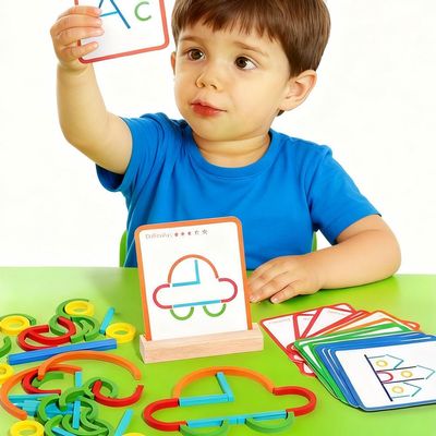 120 Pcs Wooden Pattern Blocks for Spelling Learn, Wooden Pattern Blocks with 20 Pcs Design Cards, Math & Art, Creative Shape Puzzles for 3-5 Year Olds Early Learn Activity Gifts