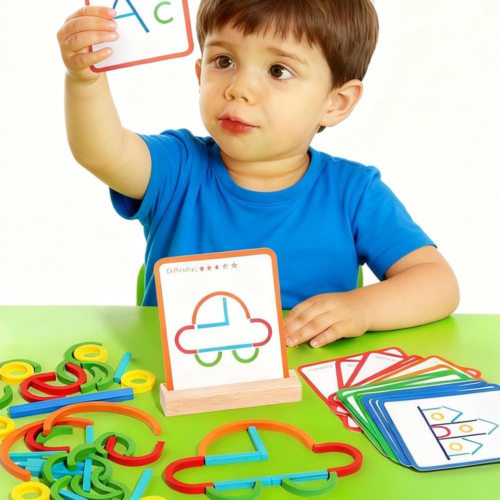 120 Pcs Wooden Pattern Blocks for Spelling Learn, Wooden Pattern Blocks with 20 Pcs Design Cards, Math & Art, Creative Shape Puzzles for 3-5 Year Olds Early Learn Activity Gifts