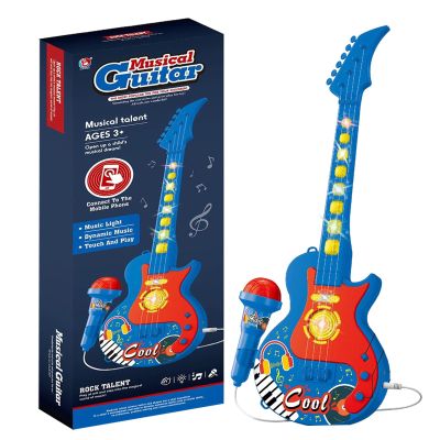 The All-in-One Microphone Toy, Portable Kids Karaoke Machine, Kids Microphones with Stand, with Flashing Stage Lights and Pedals, Guitar Toys for Fun Musical Effects (Blue, Guitar)
