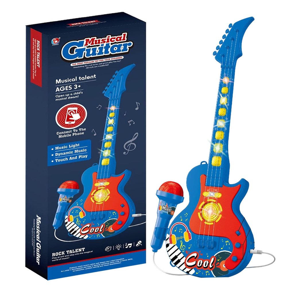 The All-in-One Microphone Toy, Portable Kids Karaoke Machine, Kids Microphones with Stand, with Flashing Stage Lights and Pedals, Guitar Toys for Fun Musical Effects (Blue, Guitar)