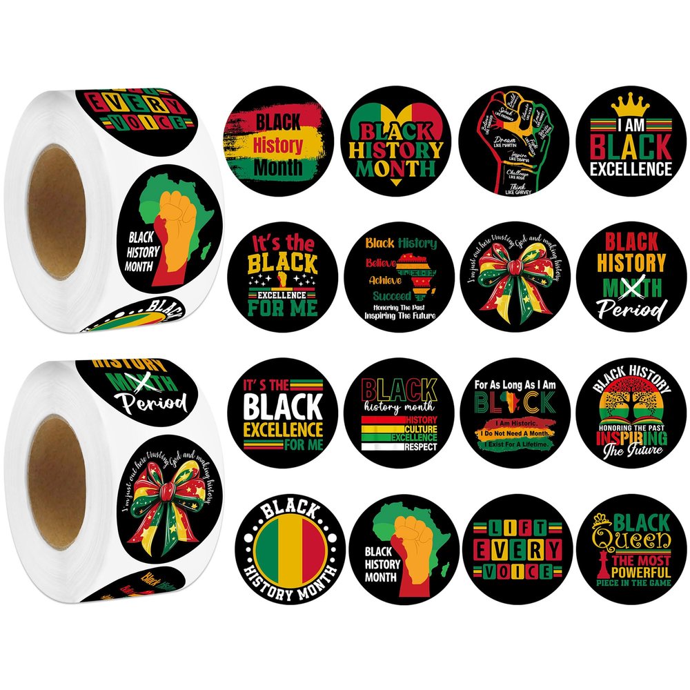1000 PCS Black History Month Sticker Roll, Black Excellence Motivational Stickers with 16 Designs, Vinyl Decals for Classroom Rewards Party Favors Scrapbooking (500 Per Roll)