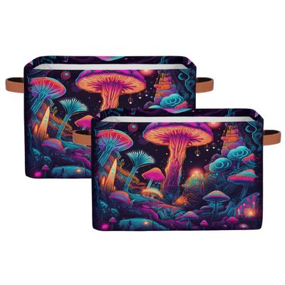 Potluxt Rectangular Nursery Baby Basket, Collapsible Kids Toy Clothes Storage Bin Organizer Gift Baskets for Bookshelf Playroom Bedroom Decor(2Pcs, Psychedelic Mushrooms)