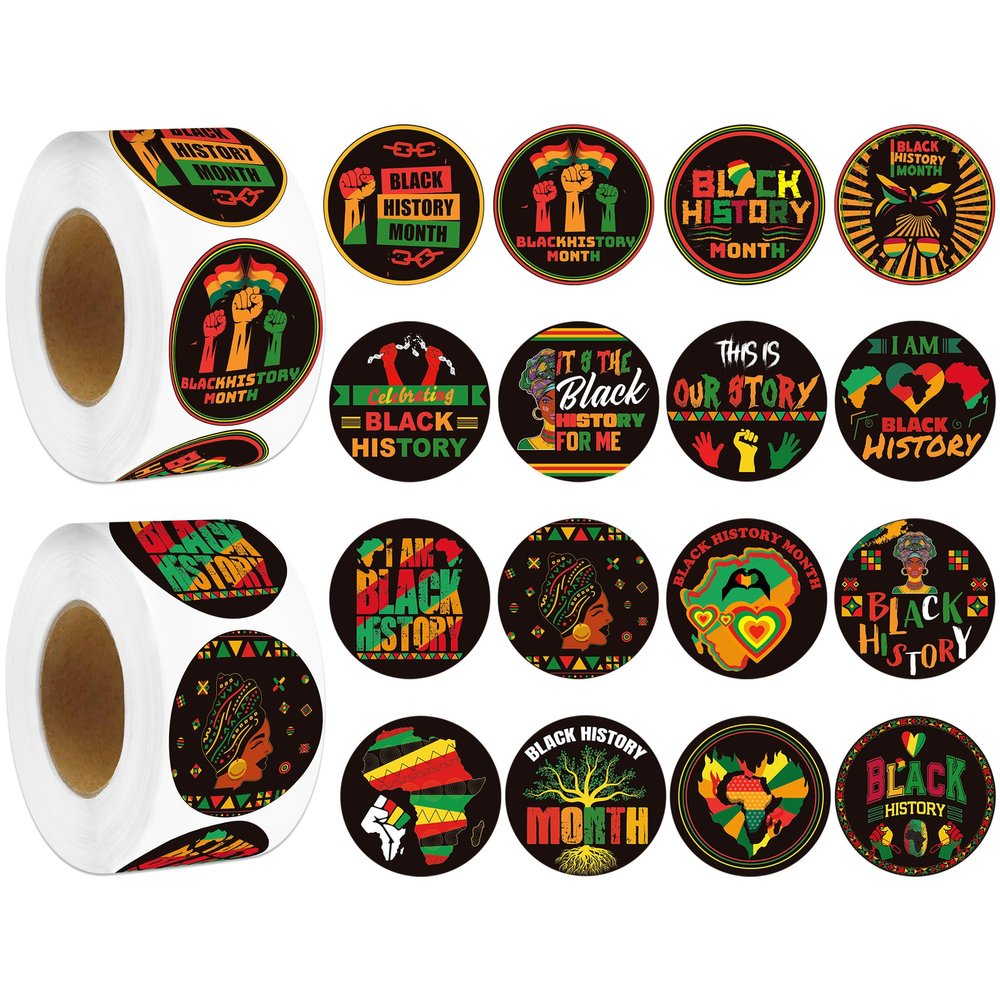 1000 PCS Black History Month Sticker Roll, African American Celebration Stickers with 16 Designs, Vinyl Decals for Party Favors Classroom Rewards Scrapbooking Laptops (500 Per Roll)
