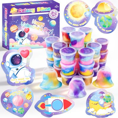 30 Pack Valentine Galaxy Slime Kit with Greeting Cards - Valentines Day Gifts for Kids, Classroom Exchange, School Prizes, Slime Party Favors & Stress Relief Fidget Toys