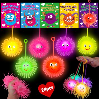 Basytodio Valentines Day Gifts for Kids, 24 PCS LED Puffer Balls With Valentines Day Cards for Kids Classroom Party Favors Goodie Bag Stuffers Bulk Bouncy Balls School Class Valentine Prizes Box Toys