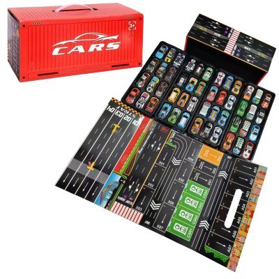 48 Pack Mini Pull-Back Cars with Garage, Alloy Race Car Toys Set with Fold-Out City Map
