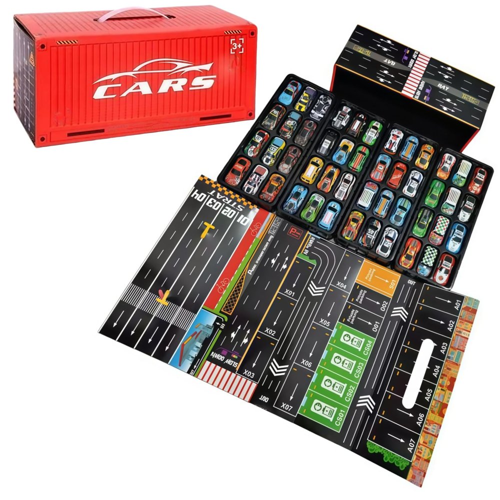 48 Pack Mini Pull-Back Cars with Garage, Alloy Race Car Toys Set with Fold-Out City Map