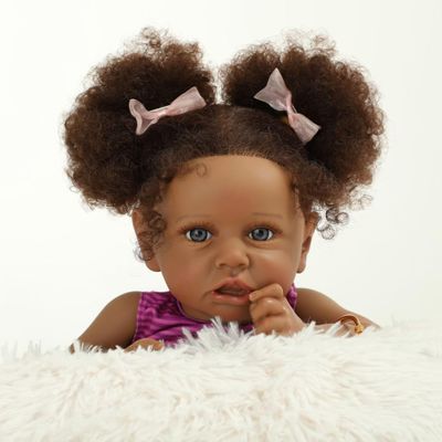 22 Inch 55cm African American Black Reborn Baby Girl Doll Purple Striped Dress, Realistic Soft Cloth Body & Vinyl Limbs, Hand-Rooted Hair, Gift for Kids 3+/Women Collectors