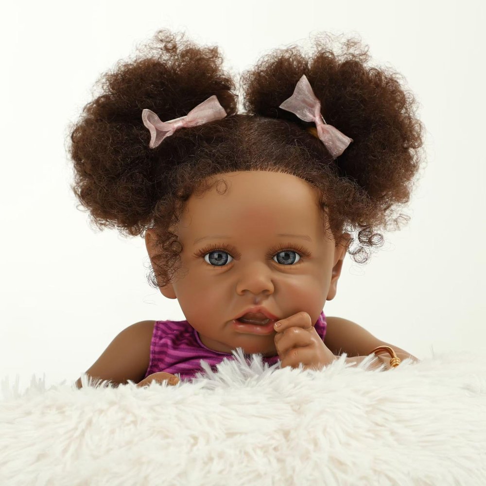 22 Inch 55cm African American Black Reborn Baby Girl Doll Purple Striped Dress, Realistic Soft Cloth Body & Vinyl Limbs, Hand-Rooted Hair, Gift for Kids 3+/Women Collectors