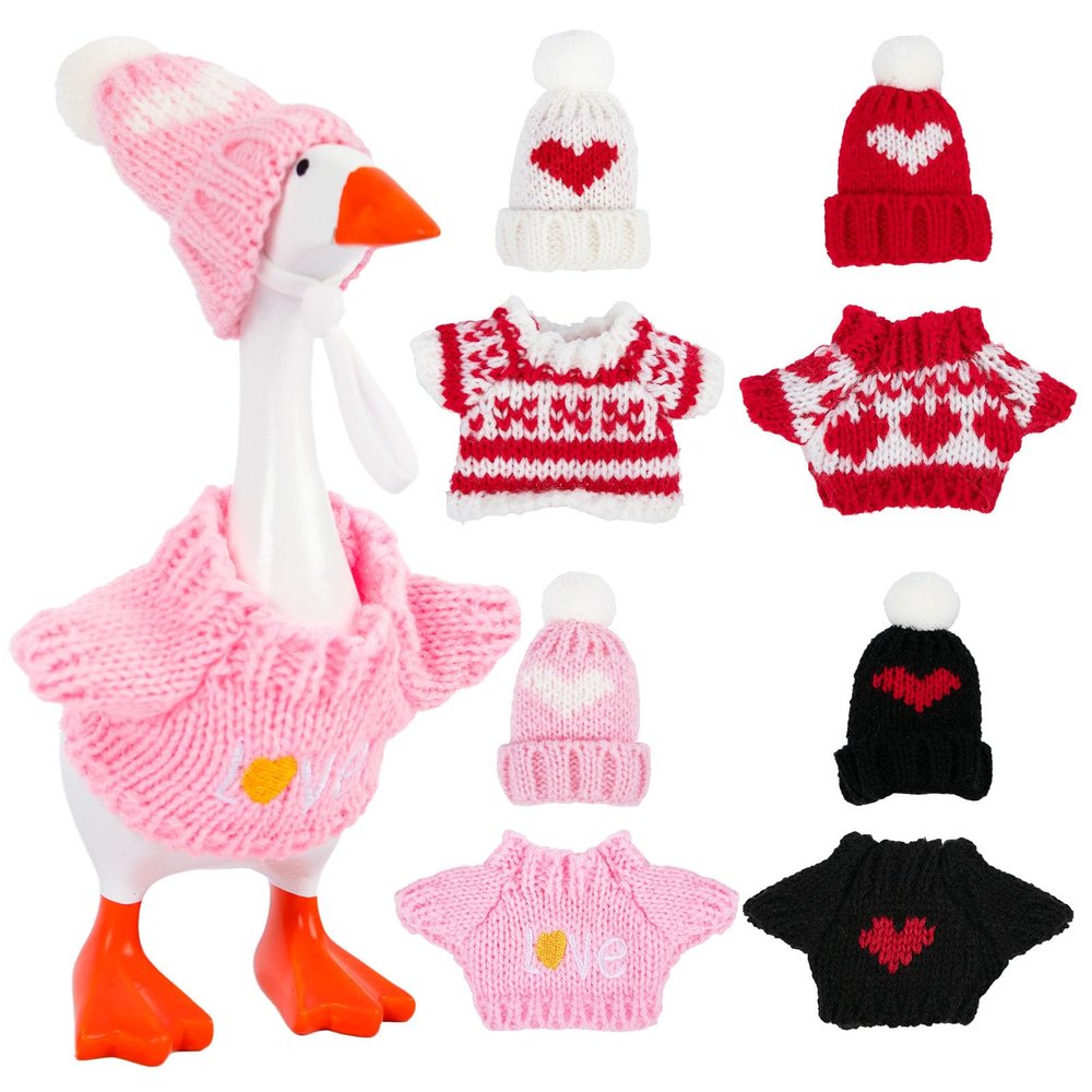 4 Sets 7 inches Desk Goose Outfits Mini Desk Goose Valentines Day Holiday Clothes Knitted Sweater with Knitting Hats Desktop Geese Accessories for Magnetic Goose Key Holder Small Animal Statue Decor