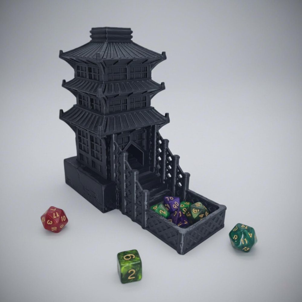 XJPONGC Temple Dice Dice Tower Dungeons and Dragons RPG Tabletop Roleplaying Game Jail DND (Random 7PCS D20 Dice Set Included) (Black)