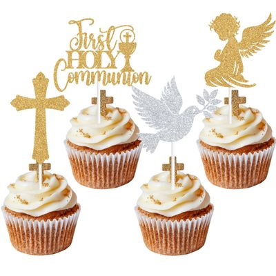 16PCS Glitter First Goly Communion Cupcake Toppers, God Bless Cross Dove Decor, Baptism Baby Shower Christening Party Decorations Supplies (Gold)