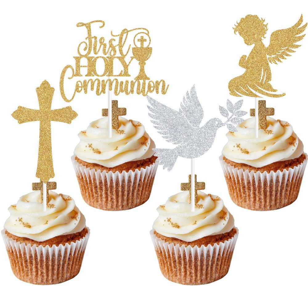 16PCS Glitter First Goly Communion Cupcake Toppers, God Bless Cross Dove Decor, Baptism Baby Shower Christening Party Decorations Supplies (Gold)