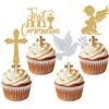 16PCS Glitter First Goly Communion Cupcake Toppers, God Bless Cross Dove Decor, Baptism Baby Shower Christening Party Decorations Supplies (Gold) view 1