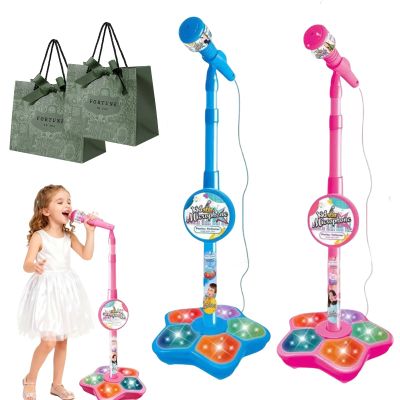The All-in-One Microphone Toy, 2026 New Toy Microphone for Kids with Stand & Colorful Lights, Got Built-in Music, Echo Effects, Fun and Easy-to-Use, for Little Singers (Blue+Pink)