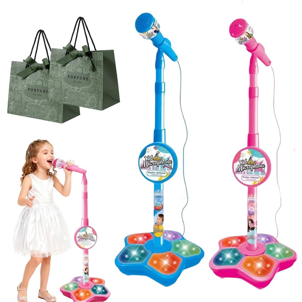The All-in-One Microphone Toy, 2026 New Toy Microphone for Kids with Stand & Colorful Lights, Got Built-in Music, Echo Effects, Fun and Easy-to-Use, for Little Singers (Blue+Pink)