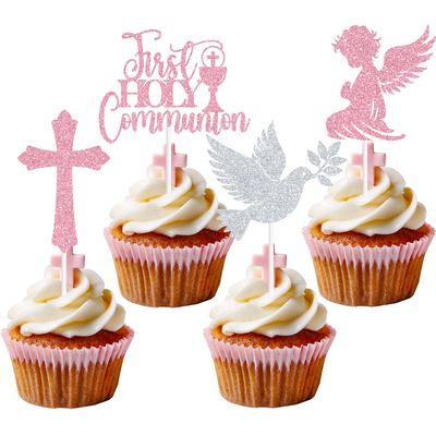 16PCS Glitter First Goly Communion Cupcake Toppers, God Bless Cross Dove Decor, Baptism Baby Shower Christening Party Decorations Supplies (Pink)