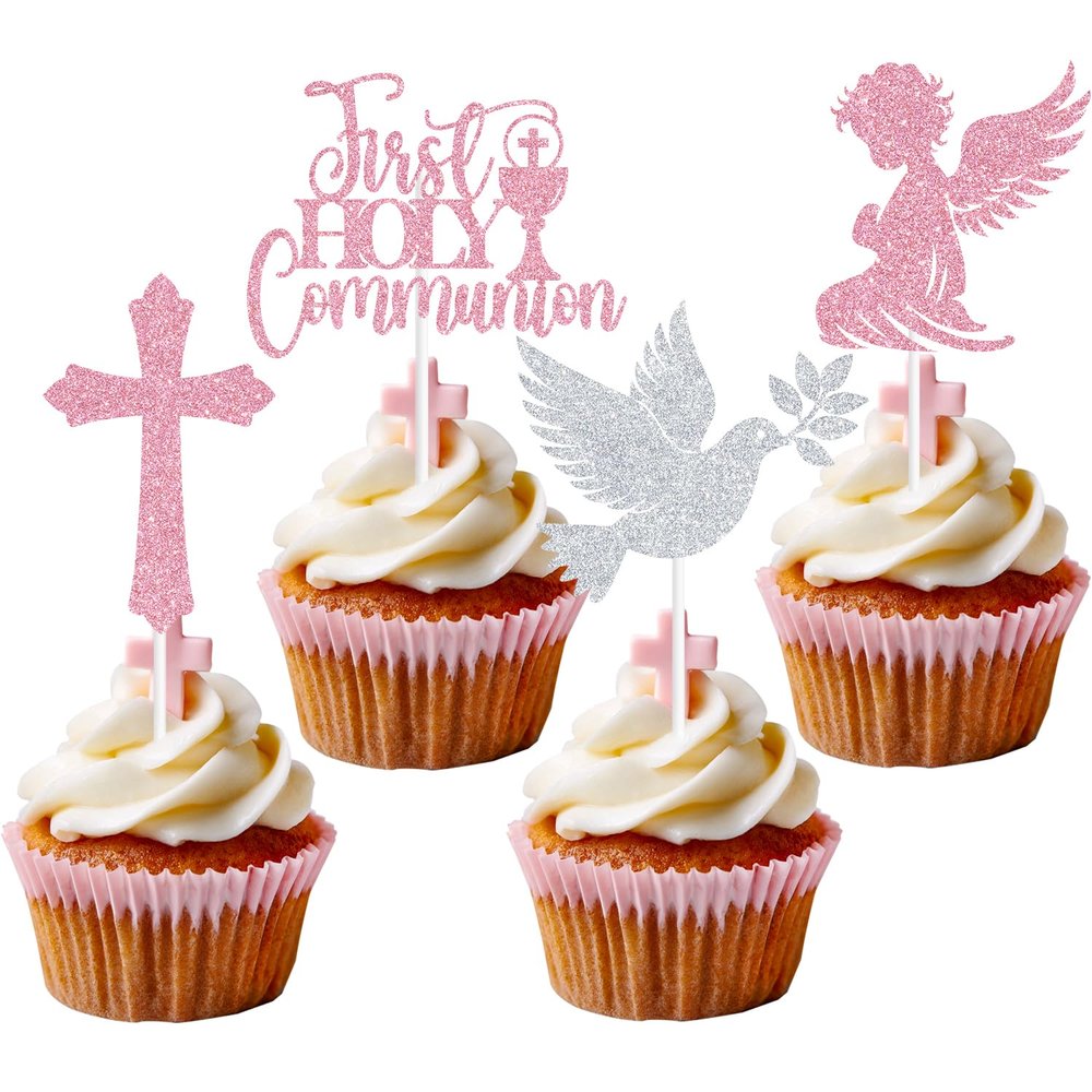 16PCS Glitter First Goly Communion Cupcake Toppers, God Bless Cross Dove Decor, Baptism Baby Shower Christening Party Decorations Supplies (Pink)