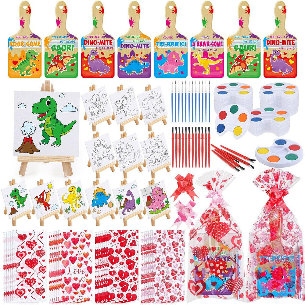 Pajean 28 Sets Valentines Day Gifts Watercolor Paint Set with Paintbrush Wooden Easel Mini Painting Canvas Panel Valentines Craft Exchange Gifts for Paint and Sip Supplies (Dinosaur)