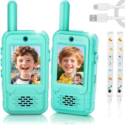 Video Walkie Talkies for Kids, 2 Pack Rechargeable Kids Walkie Talkies Long Range with Flashlight Outdoor Christmas Birthday Toddler Toys Gifts for 3-12 Year Old Boys Girls for Outside, Camping Travel