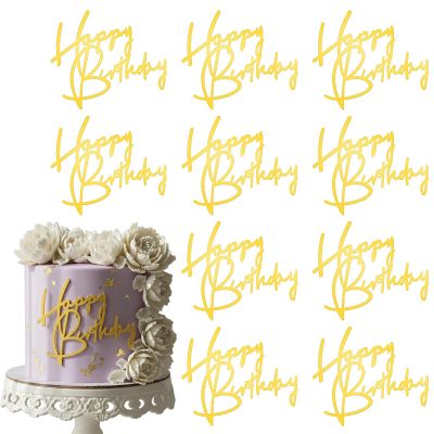 10 PCS Gold Acrylic Happy Birthday Cake Topper, Acrylic Cupcake Toppers, Gold Birthday Decoration Sign for DIY Cake Decor Party Supplies Celebrating Anniversary Party Wedding