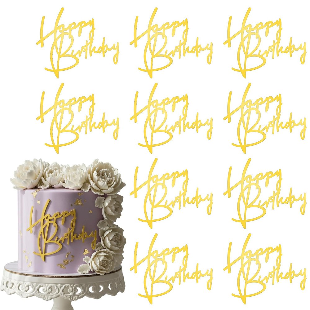 10 PCS Gold Acrylic Happy Birthday Cake Topper, Acrylic Cupcake Toppers, Gold Birthday Decoration Sign for DIY Cake Decor Party Supplies Celebrating Anniversary Party Wedding