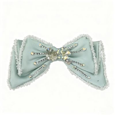 New Double-Layer Satin Hair Accessory for Girls Featuring Handcrafted Bowknots, Delicate Heat-Set Rhinestones, Tassels, and an Elegant Spring Clip (Light Green)
