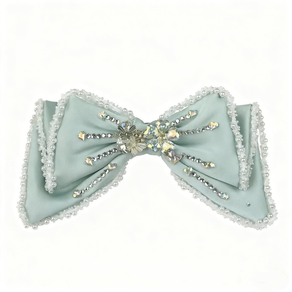 New Double-Layer Satin Hair Accessory for Girls Featuring Handcrafted Bowknots, Delicate Heat-Set Rhinestones, Tassels, and an Elegant Spring Clip (Light Green)