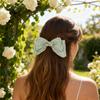 New Double-Layer Satin Hair Accessory for Girls Featuring Handcrafted Bowknots, Delicate Heat-Set Rhinestones, Tassels, and an Elegant Spring Clip (Light Green) view 3