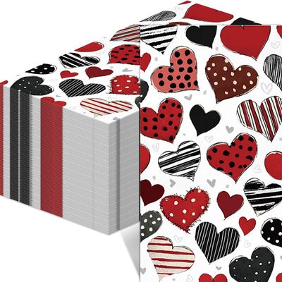 100Pcs Black Love Hearts Valentines Napkins - Vintage Valentines Day Party Decorations Galentines Day Theme Supplies Disposable Luncheon Dinner Napkins 7.8" x4.3" for Home Office Wedding Anniversary