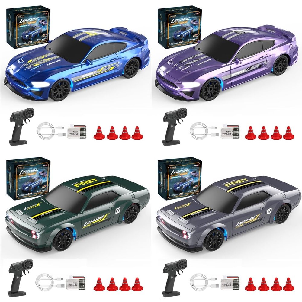 1/43 Scale 2.4G Full Proportional 4WD Mini RC Drift Car with LED Lights, 15KM/H High Speed Remote Control Racing Model, Desktop Drift Car for Adults and Hobbyists - Gyro Version/4 Set
