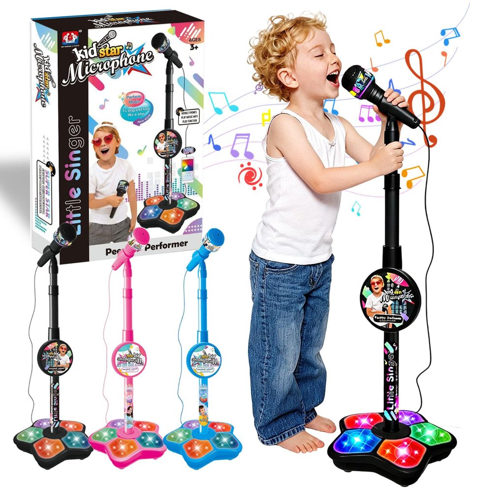 The All-in-One Microphone Toy, Kids Microphone with Stand Adjustable, Speaker & Led Lights, Fun Standing Karaoke Microphone - Move to Play & Echo Effect, for Phones/MP3/Tablets, (Black)