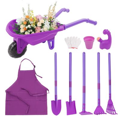 Jiabailie Gardening Tool Set, 10-Piece Gardening Tool Set,Wheelbarrow Set, Backyard Garden Play, Summer Outdoor Yard Digging and Weeding with Watering Can, Shovel, and Leaf Rake (Purple)