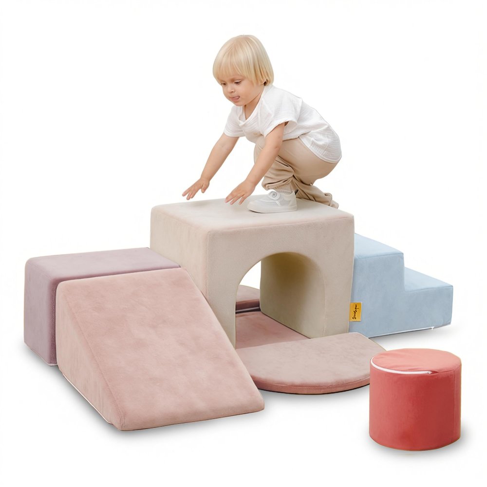 BanaSuper Kids Climbing Foam Blocks Playset - 7 Piece Toddler Climbing Toys, Indoor Gross Motor Development Montessori Gross Motor Toy for Babies & Toddlers (Pink&Blue)