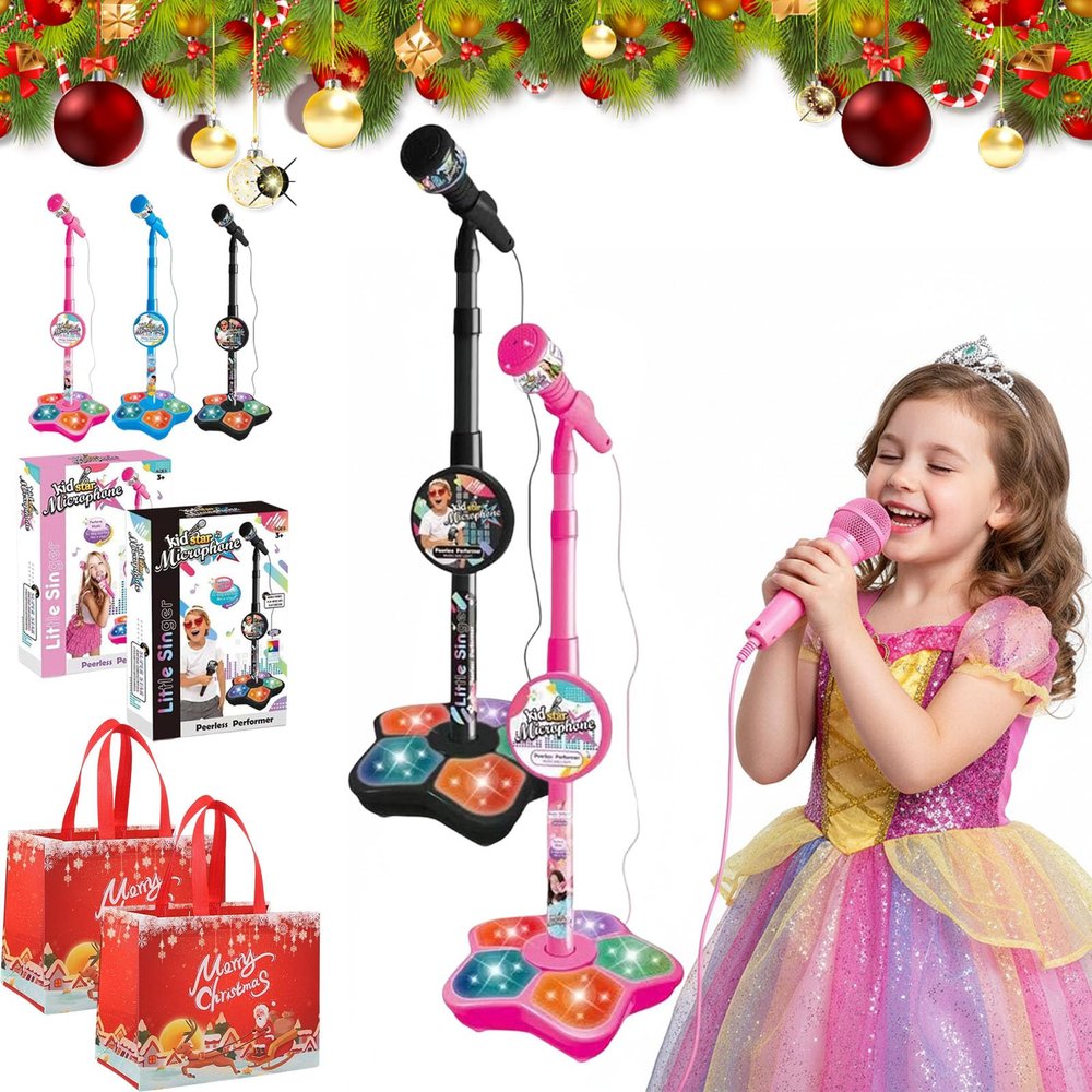 The All-in-One Microphone Toy, 2026 New Kids Karaoke Machine Toys with Adjustable Stand, Colorful Lights, and Echo Effect, for Boys and Girls Christmas Birthday (2PCS A)