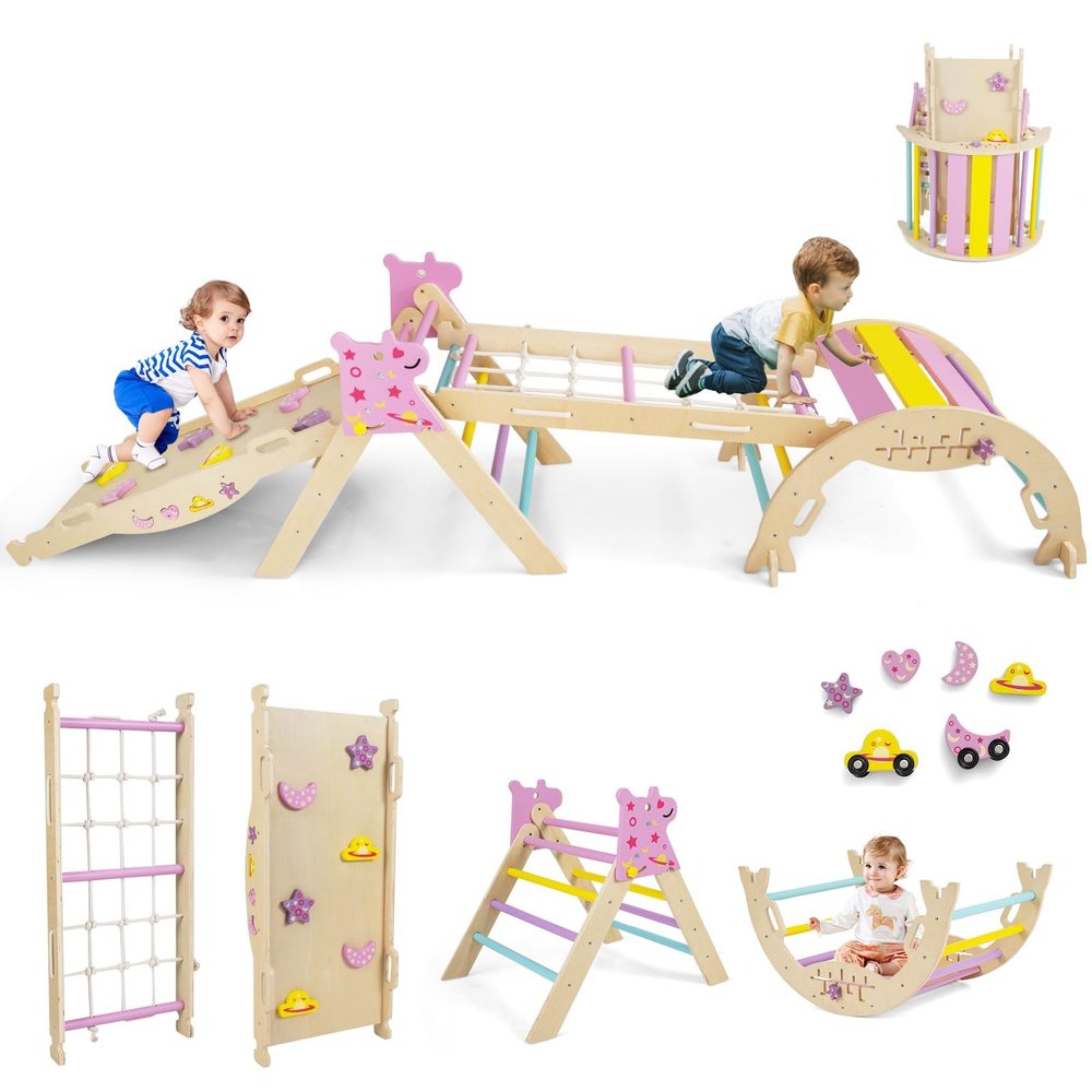 Costzon Pikler Triangle Set, 9-in-1 Foldable Baby Climbing Toys, Wood Montessori Climbing Set for Learning and Motor Skills, Indoor Playground Jungle Gym for Toddlers 3+ Climber Gifts (Pink)