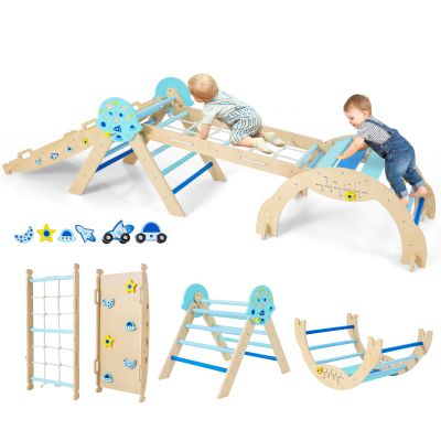 Costzon Pikler Triangle Set, 9-in-1 Foldable Baby Climbing Toys, Wood Montessori Climbing Set for Learning and Motor Skills, Indoor Playground Jungle Gym for Toddlers 3+ Climber Gifts (Blue)