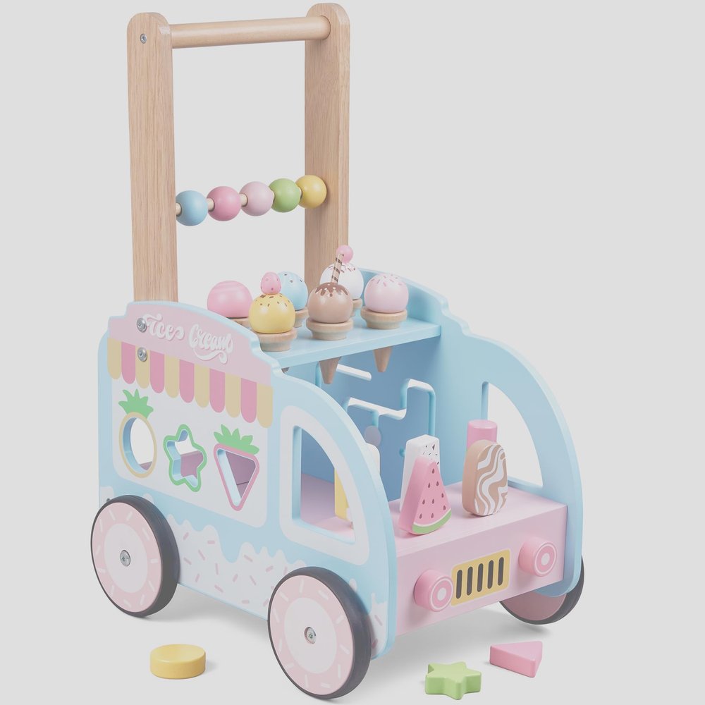 Wooden Ice Cream Cart Toy, Kids Pretend Play Food Stand, Blue and Pink Educational Toy with Magnetic Beads, Ice Cream Cones, Storage Shelf