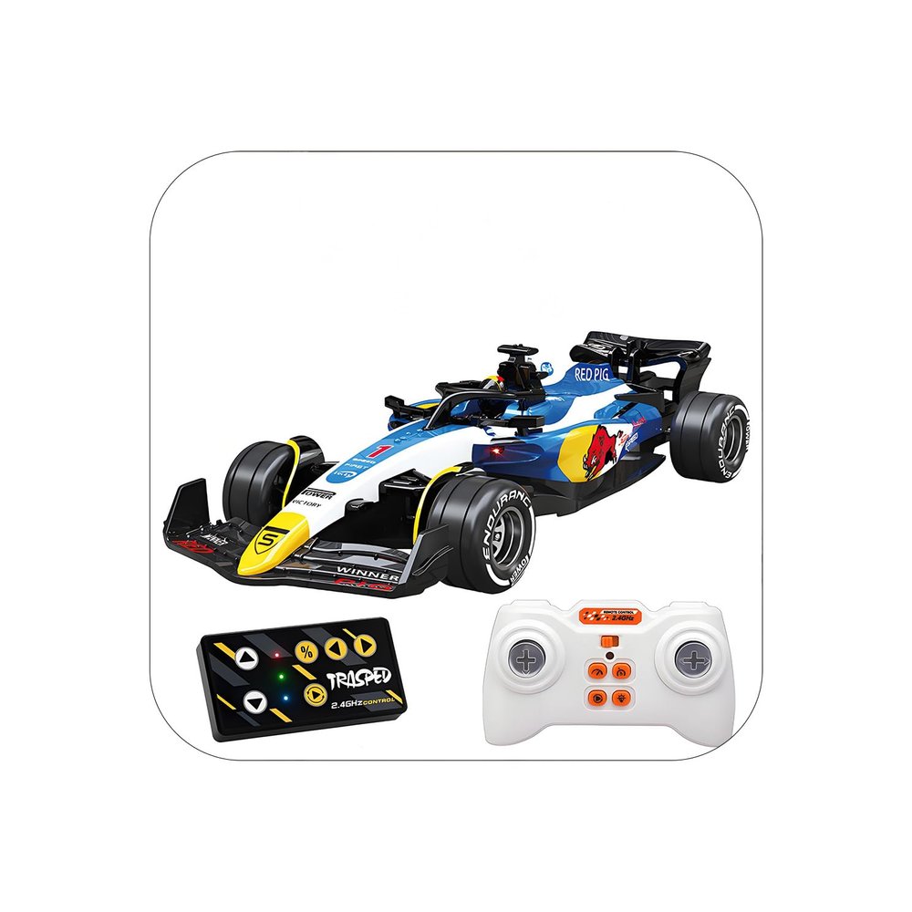 1:64 Scale Formula Racing RC Car, Die-Cast Metal Alloy, Red F1 Style, 2.4GHz Remote Control with LED Lights, 4.7" L x 1.97" W x 0.98" H (Blue-White)