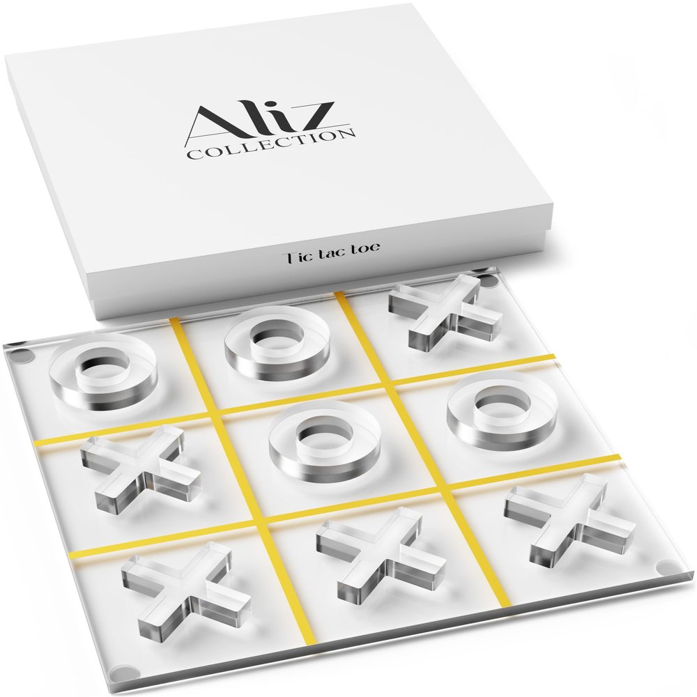 Aliz Collection Acrylic Tic Tac Toe Set - Luxury Tic Tac Toe Table Decor - Modern Coffee Table Game & Clear X and O Pieces - Decorative Acrylic Game for Home or Office - 10.23 x 10.23 x 1.06 Inches