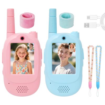 Video Walkie Talkies for Kids, Blue/Pink 2 Pack 1000 mAh Rechargeable Long Range Video walkie talkies, 3 Wearing Options Indoor Outdoor Toys for Family Games, Outside, Gifts for Boys Girls Ages 3-12