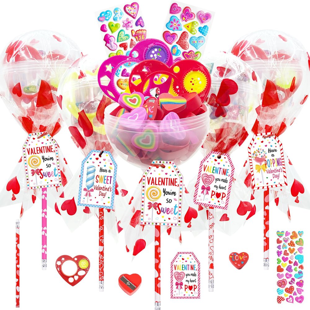 24 Pack Valentines Day Gifts for Kids Giant Lollipop-Shaped Stationery Set with Cards Pencils Stickers Erasers Rulers and Sharpeners for Kids Valentine's Day Classroom Exchange and School Party Favors