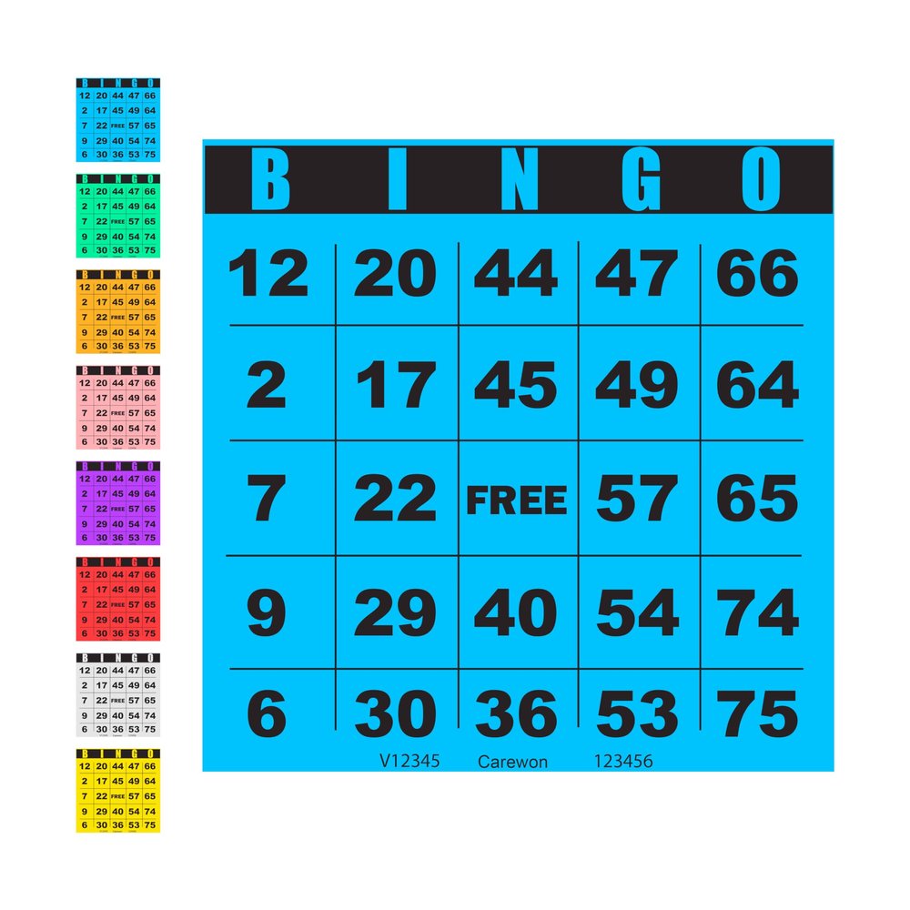 Carewon 100 Bingo Cards, Large 4.5" x 4.5", Blue (1 of 8 Colors), Paper Bingo Sheets, Disposable or Reusable for Daubers or Chips
