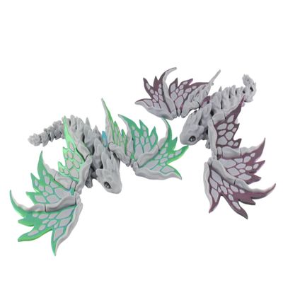 3D Printed Stone Dragon 2 Pack Articulated Moveable Wings, Stone Texture Dragons with Green Blue and Black Red Wings, Flexible Fidget Desk Figurines for Adults, Collectible Fantasy Dcor