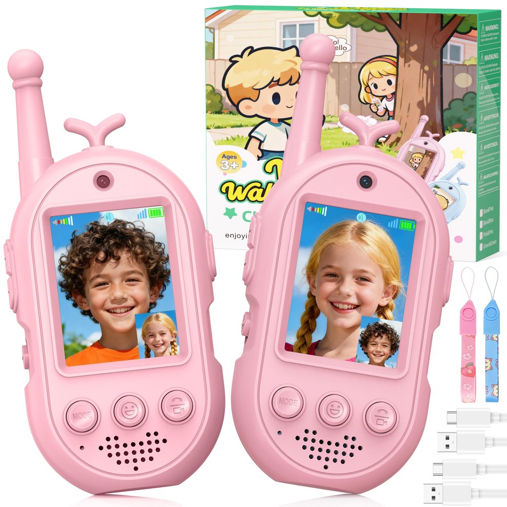 Video Walkie Talkies for Kids-2 Pack, Kids Walkies Talkies with Voice Changer & Sticker Effect, Rechargeable Long RangeIndoor Toys for Outdoor Camping, Hiking, Birthday Gift for Boys Girls Ages 3-12