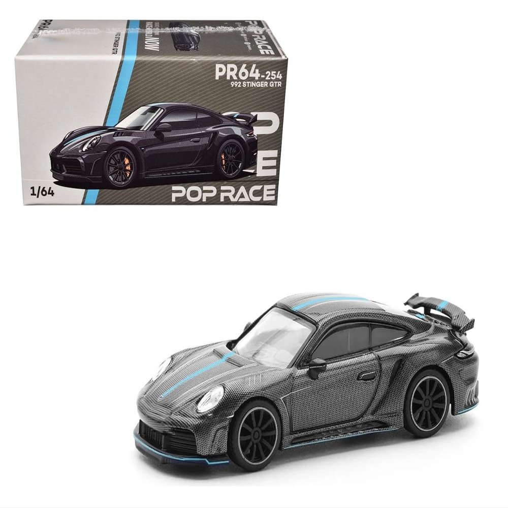 1:64 Diecast Collectibles Model Car Compatible with Porsche 992 Stinger GTR Carbon Edition with Blue Stripe Limited Edition by Pop Race PR640254