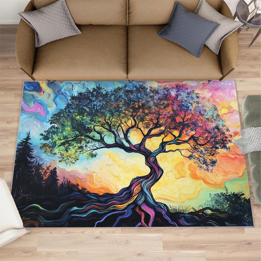 HYGIUID 5x6 Fantasy Tree Area Rug - Flowing Sky Area Rugs for Kitchen, Abstract Oil Painting Bedroom Area Rug Kids Low Pile Rug for Indoor Outdoor Hardwood Floors Home Decor