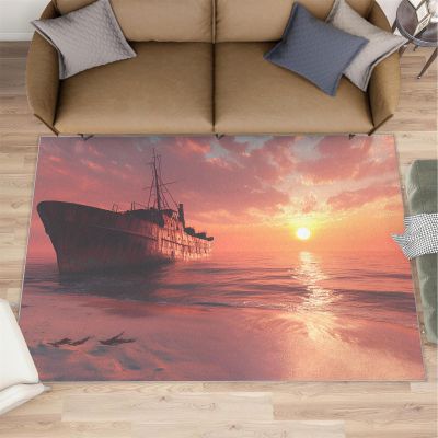 4x5 Ship Area Rugs - Sunset Glow Rug for Entryway, Apocalyptic Scenery Washable Entry Way Rugs Kids Carpet for Inside House Playroom Living Room End Table Nursery