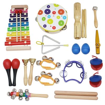 CHICIRIS Kids Musical Instruments Set, 18 Piece, Crisp Soft Sounds Safe Burr Design, Includes Storage Bag Kazoo Castanets Sand Hammers, for Toddlers Preschoolers Early Music Education
